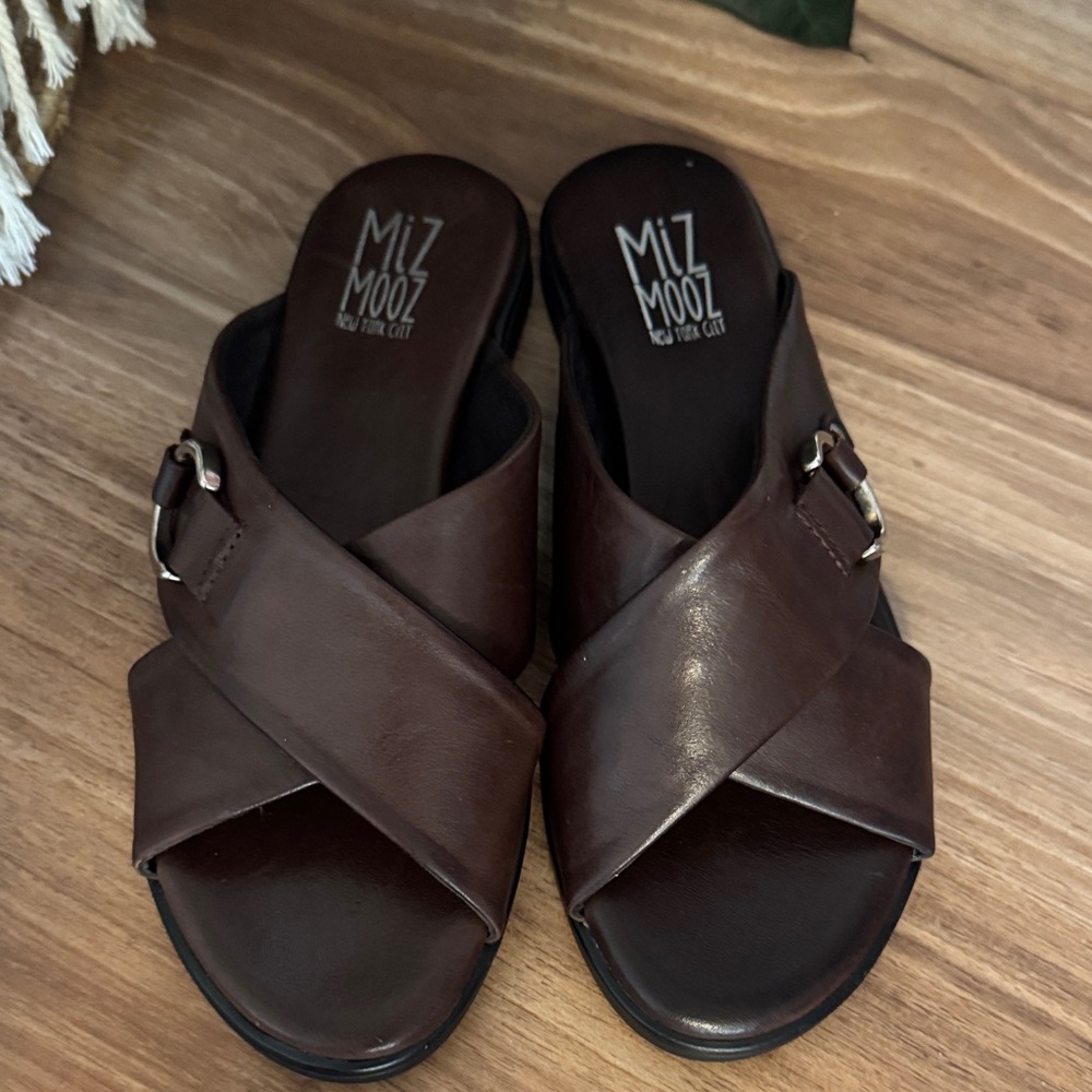 Miz Mooz Dark Brown Leather Cross-Strap Slides